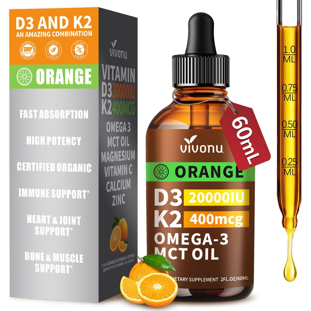 Vitamin D3 K2 Drops, D3 20000 IE & K2 som MK-7 400mcg med Magnesium, Calcium, Zink & Omega 3 för Immune *, Mood *, Bone * Hälsa, Orange Flavor Vitamin D Liquid Drops Supplement 1 flaska / 2 Ounces
