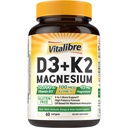 Vitalibre D3 K2 -vitamiini + magnesiumlisä, 10000 IU D3-vitamiinia ja 100 mikrog K2-vitamiinia, magnesiumglykonaattia, luuta, hampaita, immuuni- ja energiatukea, korkea absorptio, non-GMO, helppo niellä, 60 Softgelia