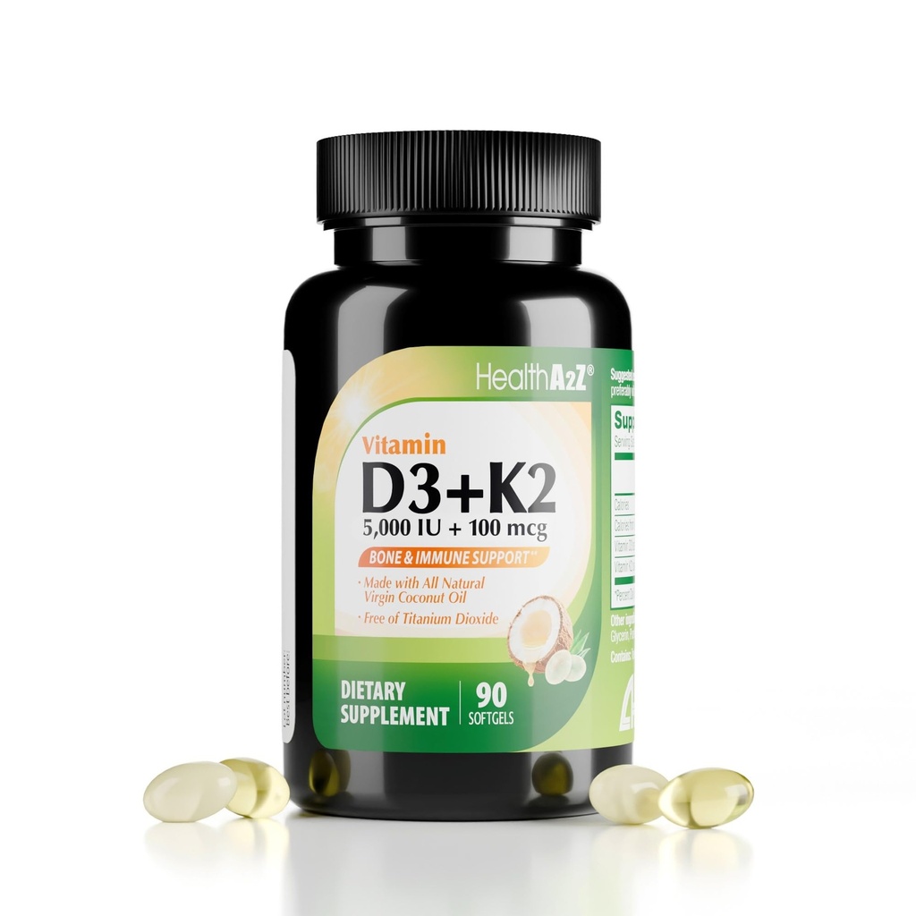 HealthA2Z®-vitamiini D3 (5 000 IU) + K2 (MK-7) valmistettu neitsytkookosöljyllä (luonnollinen MCT) - 90 Softgels (pakkaus 1) - Helpottaa kalsiumin imeytymistä luuhun, hampaisiin, mielialaan ja immuuniterveyteen