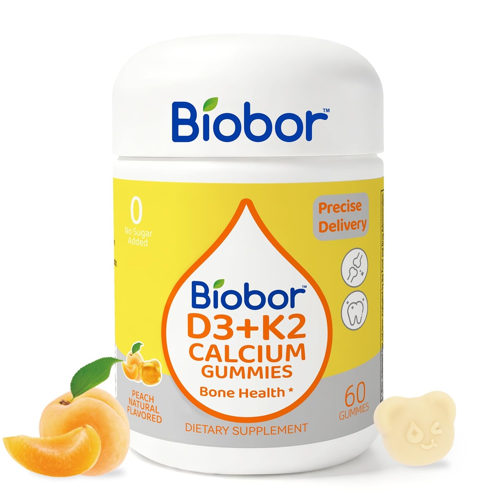 Biobor D3-vitamiini K2 Gummies with calcium, 2000 IU D3 & 200 mikrog K2(MK-7) & 200 mg kalsium, ei sokeria lisätty, tukee terveitä luut ja immuuni terveys, gluteeniton, GMO vapaa, keltainen persikka, 60