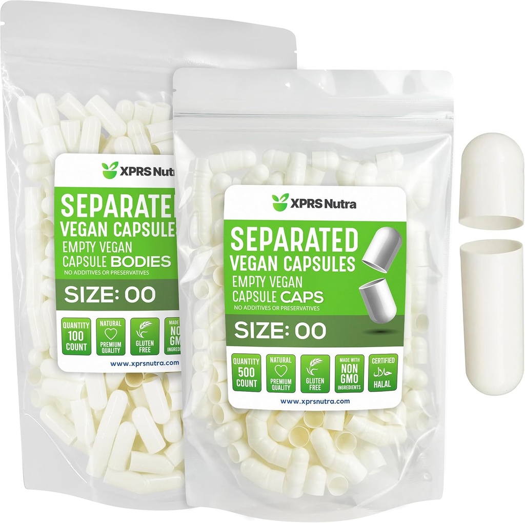 XPRS Nutra Vegan Storlek 00 Separerade kapslar - 100 greve Premium Empty Capsules Separerade i väskor - 00 Pills Empty för DIY Supplement Filling (vit)