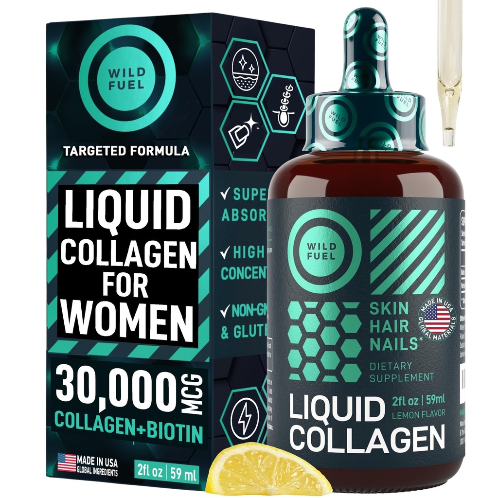 WILD POLTTOAINE Liquid Collagen Peptides kanssa Biotiini vitamiineja hiukset iho ja kynnet - 30,000 mcg Liquid Collagen naisten ja miesten Plus Biotin - Sitruuna Maku, jopa 2-kuukautta - 2 oz
