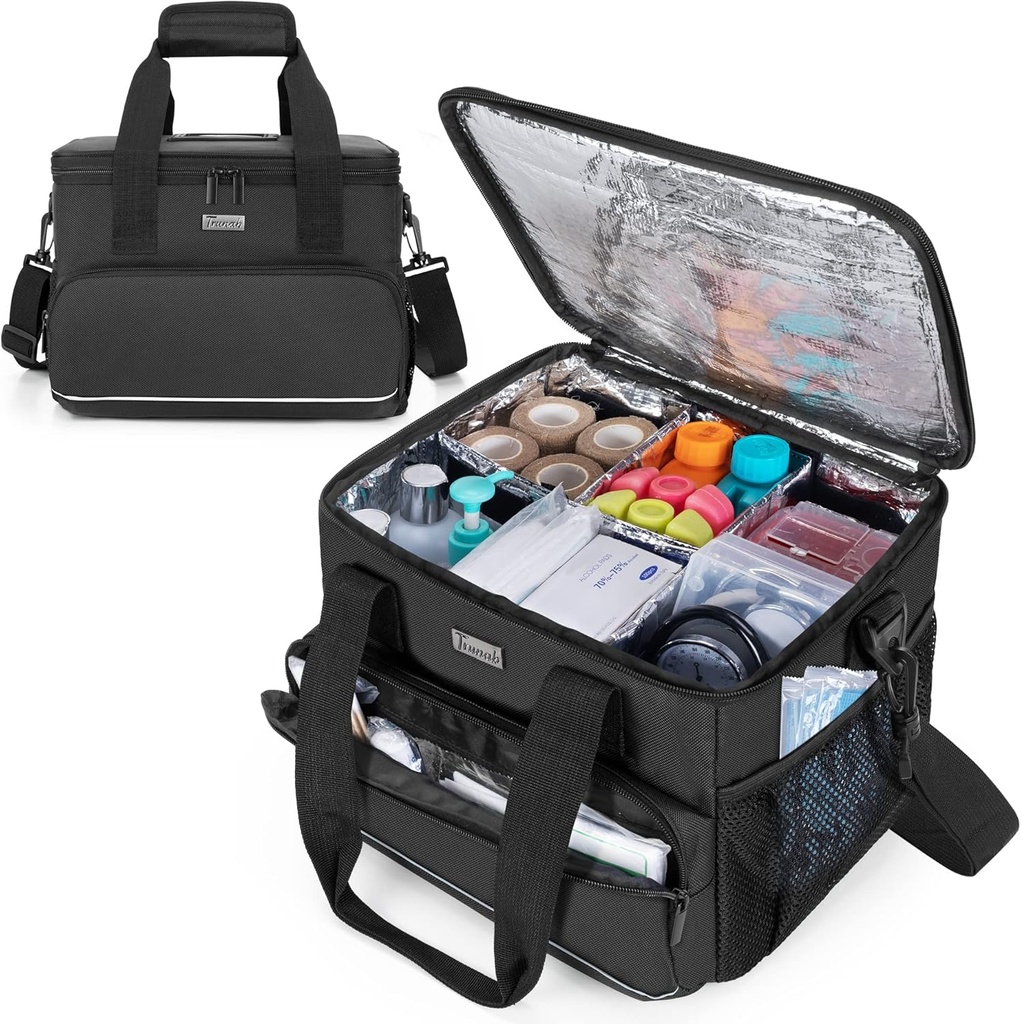 Trunab Insulated Medical Bag med justerbara Dividers, medicin levererar vattenresistent väska för hem, resor, camping, tom väska - Patented Design, svart