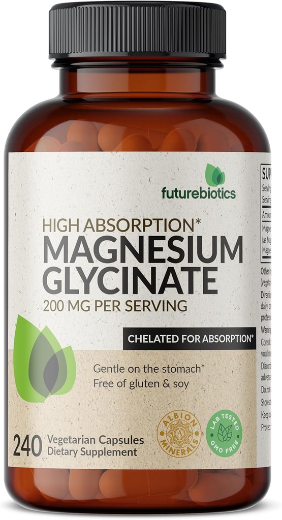 Futurebiotics Magnesium Glycinate 200 MG per servering chelated for High Absorption, Gentle On Stomach, Non-GMO, 240 vegetariska kapslar