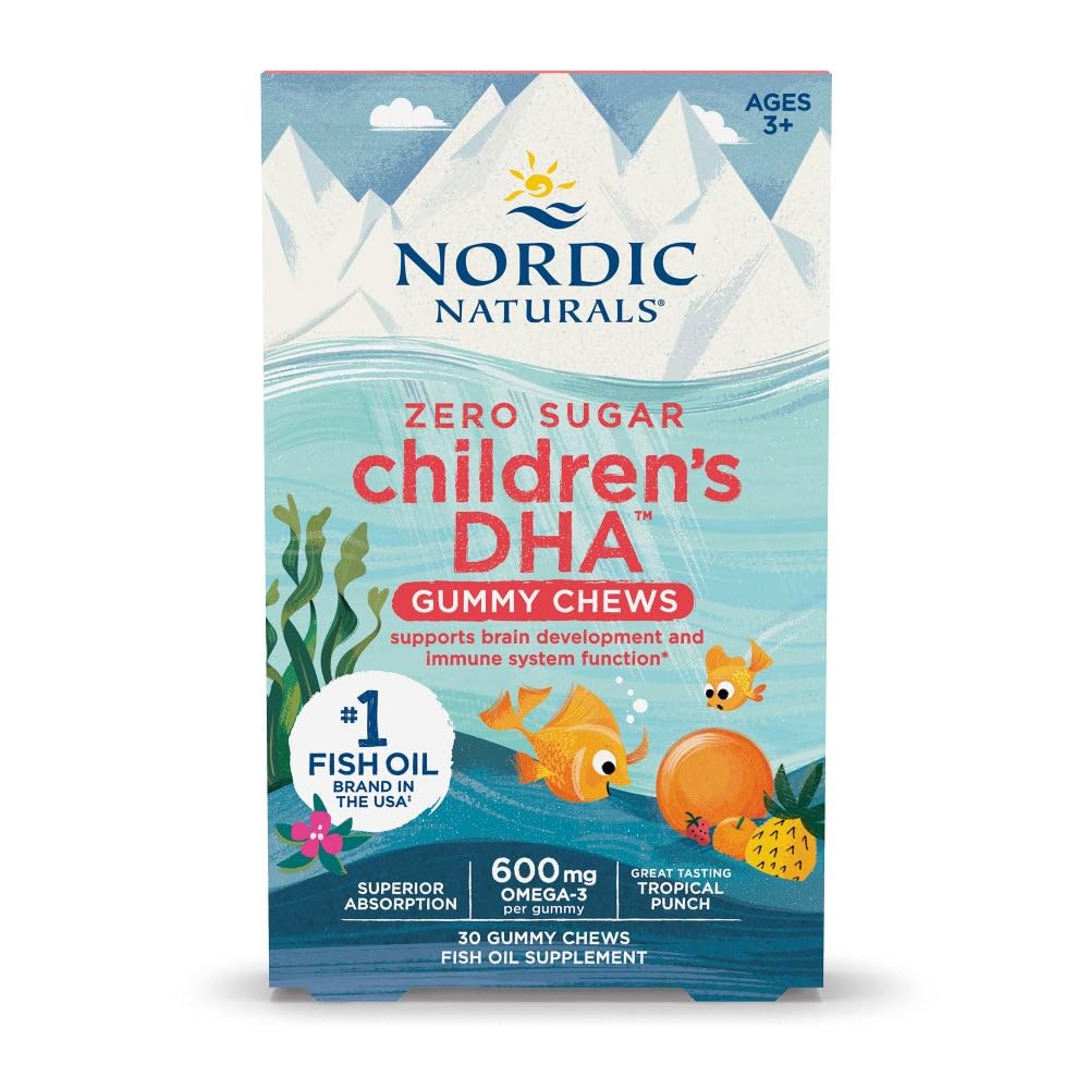 Nordic Naturals Zero Sugar Children's DHA Gummy Chews, Tropical Punch - 30 Gummy Chews för barn - 600 mg Total Omega-3s - Brain Development, Learning, Healthy Immunity - Non-GMO - 30 portioner