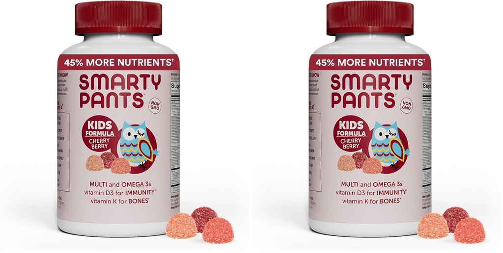 SmartyPants Kids Multivitamiini Gummies: Omega 3 Fish Oil (EPA/DHA), D3-vitamiini, C-vitamiini, B12, B6, A-vitamiini, K & Sinkki immuunitukea, Biotiini, Rypäle, Kirsikka ja marja makuja, 120