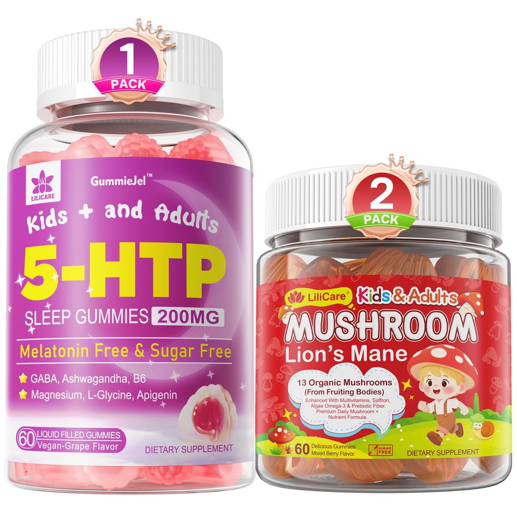 LILICARE Bundle: Mushroom Lions Mane + Saffron + Algae Omega-3 Gummies + 5HTP Gummies lapsille ja aikuisille