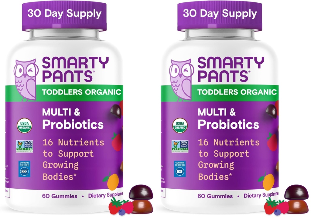 SmartyPants Organic Toddler Multivitamin Gummies: Probiotics,Omega 3 (ALA), Vitamin D3, C, Vitamin B12,B6, A,K & Zinc,Beta Carotene, Gluten Free,Three Fruit Flavors, (30 Day Supply), 60 Count (Pack av 2)