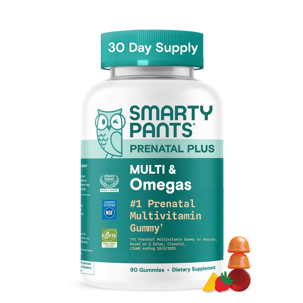 SmartyPants Prenatal Multivitamiini Gummies Omega 3 DHA/EPA, Metyylifolaatti, Biotiini, vitamiinit D3, C, B12, B6, A, K, ja Sinkki, Gluteeniton, puhdas etiketti, Kaksi hedelmän makuja, 90 Gummies (30 päivän tarjonta)