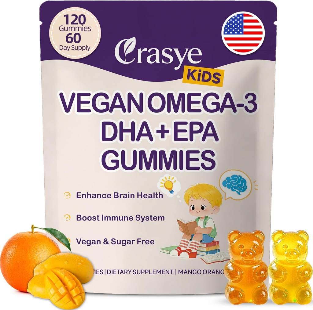 Omega 3 Gummies for Kids & Teens - Sokeriton Omega DHA & EPA Supplement Gummy for Children Brain and Immuniteetti - Ei kala Burps, Vegan - 120 Gummies