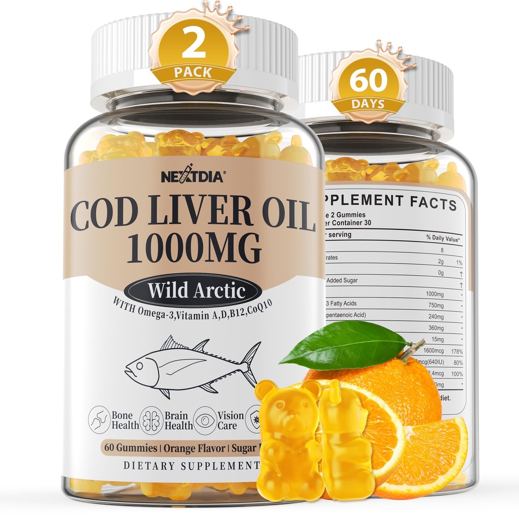 Turska Maksaöljy 1000 mg Gummies for Authority & Kids, A-vitamiini & D3 - Omega 3 Fish Oil Supplement - DHA 360mg & EPA 240mg for Brain, Bone, Eye & Immuno Health, Sokeriton, 120 Count