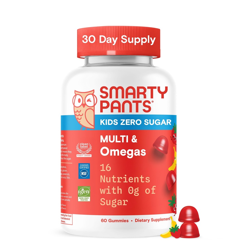 SmartyPants Kids Zero Sugar Multivitamiini Gummies: Omega-3, D-vitamiinit, C, A, Plant-Baseed, Gluteeniton, Mansikka banaanin maku, 60 Count (30 päivän tarjonta)