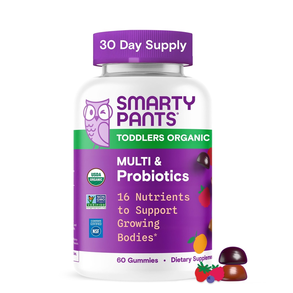 SmartyPants Organic Toddler Multivitamiini Gummies: Probiootit, Omega 3 (ALA), D3-vitamiini, C-vitamiini, B12, B6, A-vitamiini, K-sinkki, Betakaroteeni, Gluteeniton, Kolme hedelmän makua, 60