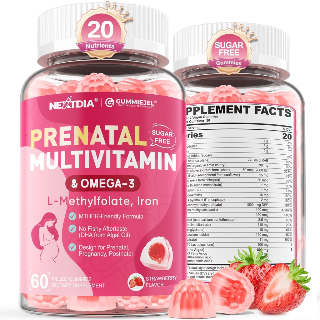 Prenatal Vitaminer för kvinnor Gummies, Methylfolate 1mg, Vegan Omega 3 DHA 800mg, järn, kolin, jod, vitamin D3 B6 B12 - Multivitamin för kvinnor före, under och efter graviditet, Sugar Free, 60 Count