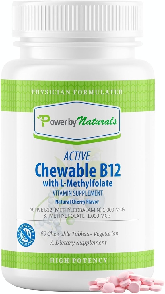 Power by Naturals Aktiivinen pureskeltava Methylated B12 kanssa L-Metyyli Folaatti täydentää naisten ja miesten, Cherry Flavor, 60 tablettia