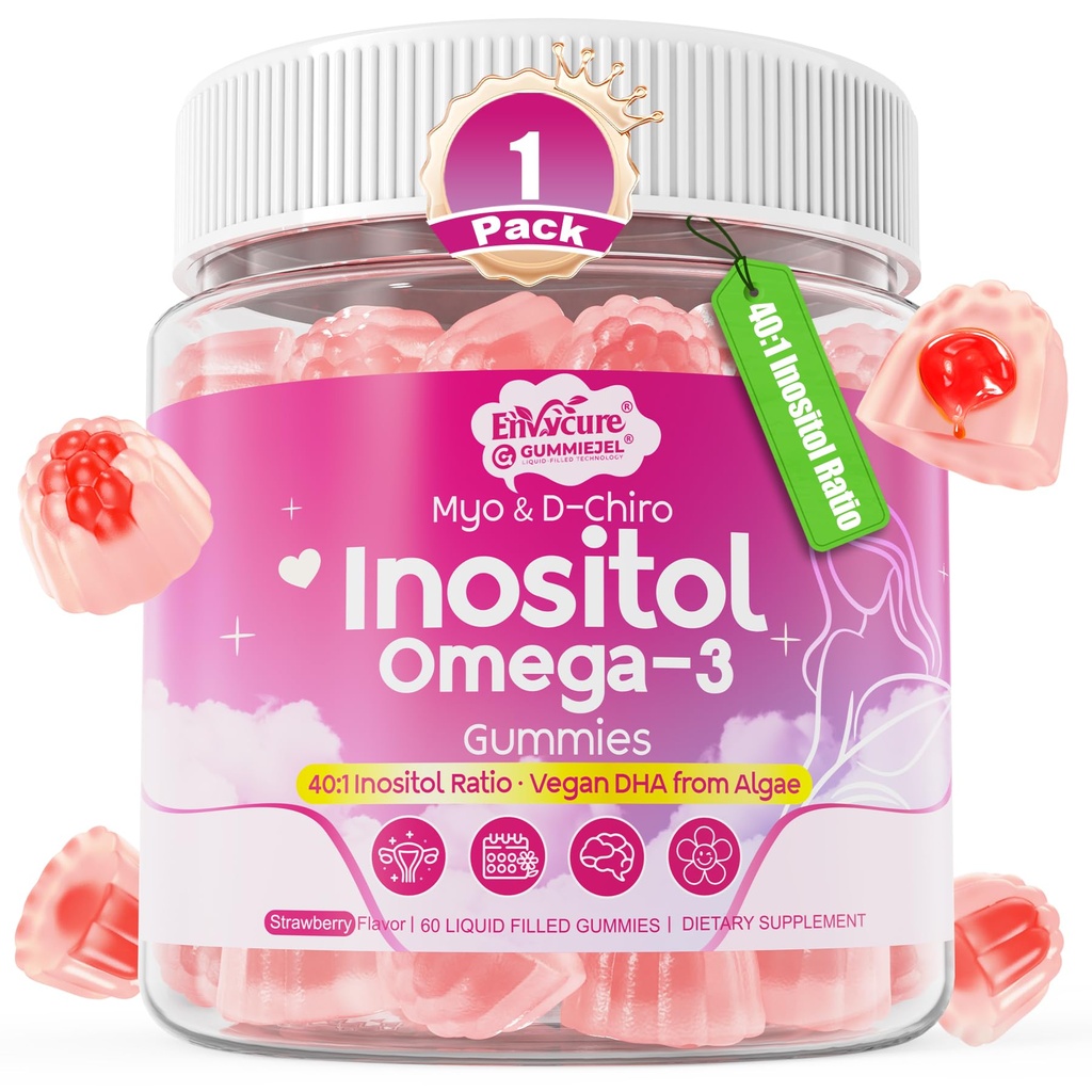 Myo-Inositol & D-Chiro Ideal 40:1, Inositol + Omega-3 (3:1) Gummies, Hormonbalans för kvinnor | Sugar Free Inositol Gummies w/Omega 3 DHA:EPA (3:1), Inositol Supplement för Cycle Health, Vegan, 60 Ct