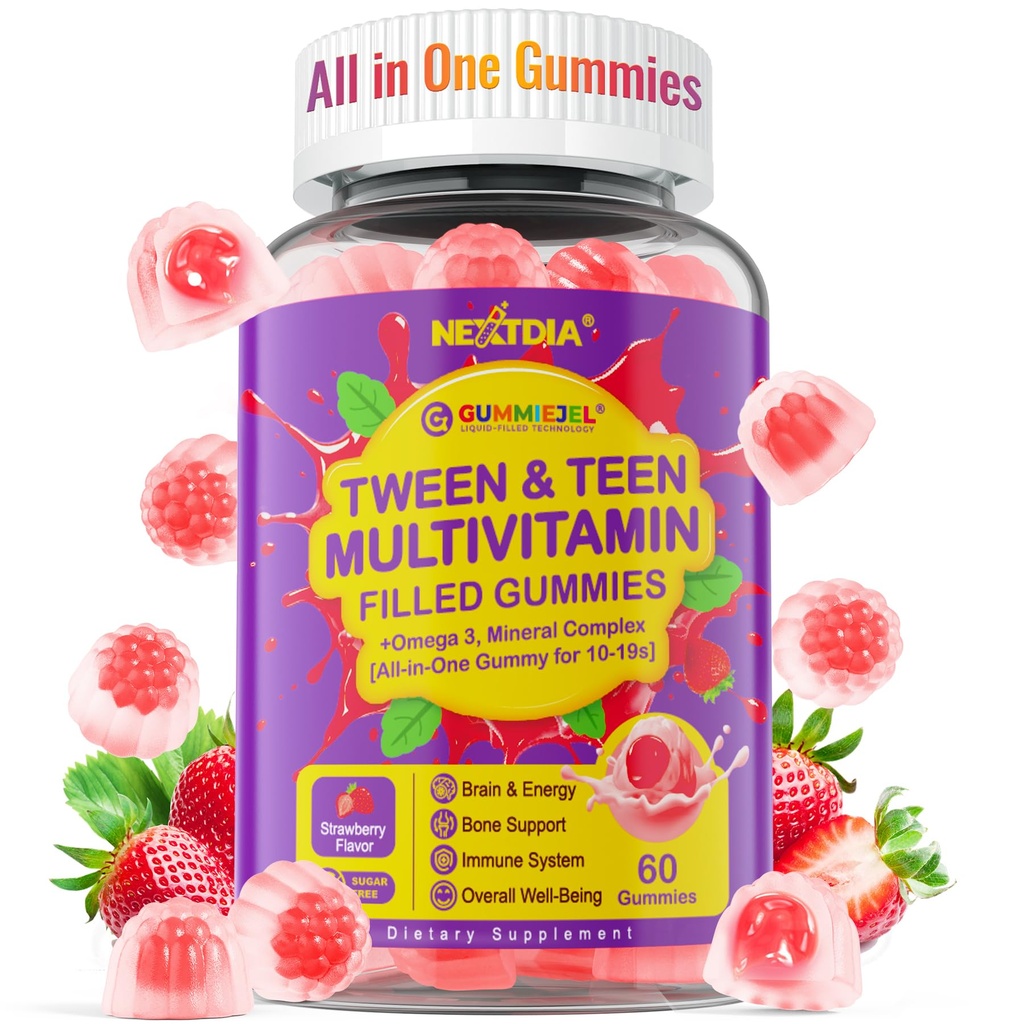 Nextdia Monivitamiini täytetyt Gummies Teen Pojat Tytöt 12-17, 18, 19, Lapset 10+ monivitamiini Omega 3, Kalsium + Magnesium + Sinkki, Multi-Minerals nuorille 10-19S aivot, luu, energia, immuuni