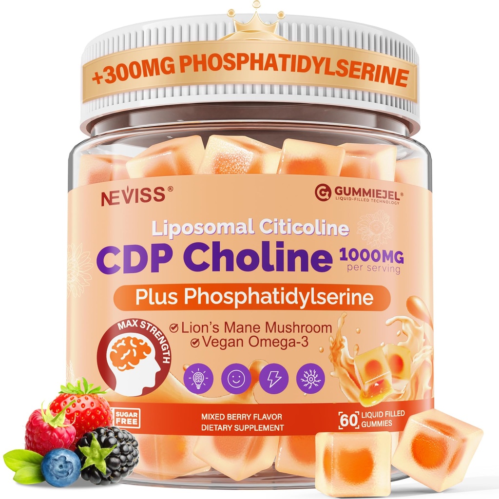 Sitikoliini 1000 mg & Fosfatidyyliseriini 300 mg lisäravinteet CDP koliini Gummies, aivolisäke muistia ja Focus w/ leijonan mane-sieni, Omega-3, metyylifolaatti, B6 & B12, ei-GMO, sokeriton,60ct