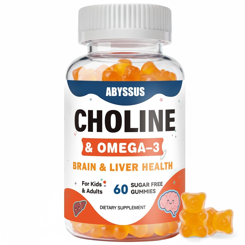 ABYSSUS Koliini Gummies lapsille ja aikuisille, sokeriton koliinibitartraatti täydentää Algal Omega-3 DHA EPA & Active B6 B12, aivojen ja maksan tuki, vegan, 60 kreivi