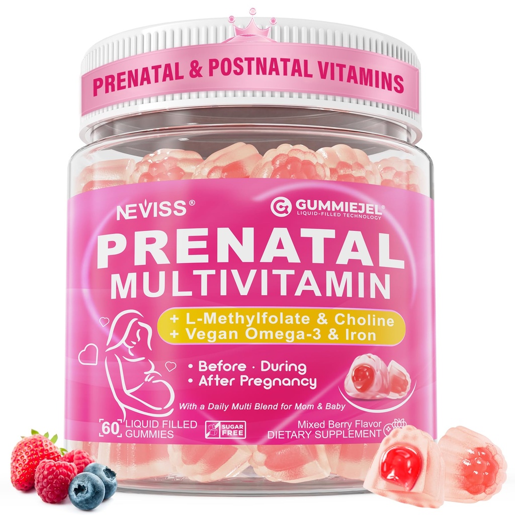 Prenataali vitamiineja naisille Multivitamiini Gummies w/ Methylfolate 1 mg, koliini Omega-3(DHA+EPA) Rauta, postnataali vitamiineja naisille Imetys ennen, raskauden jälkeen,Sogar vapaa,Vegaani,60Cts