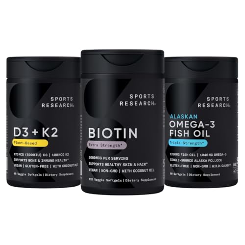 Sports Research® Healthy Hair Pack - Biotin 5,000mcg med ekologisk kokosnötolja + Vegan Vitamin D 5000iu & Mk7 Vitamin K 100mcg + Omega-3 fiskolja 1250