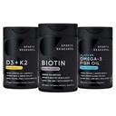 Sports Research® Healthy Hair Pack - Biotiini 5 000 mcg kanssa Organic Coconut Oil + Vegan D-vitamiini 5000iu & Mk7 K-vitamiini 100 mcg + Omega-3 Kalaöljy 1250