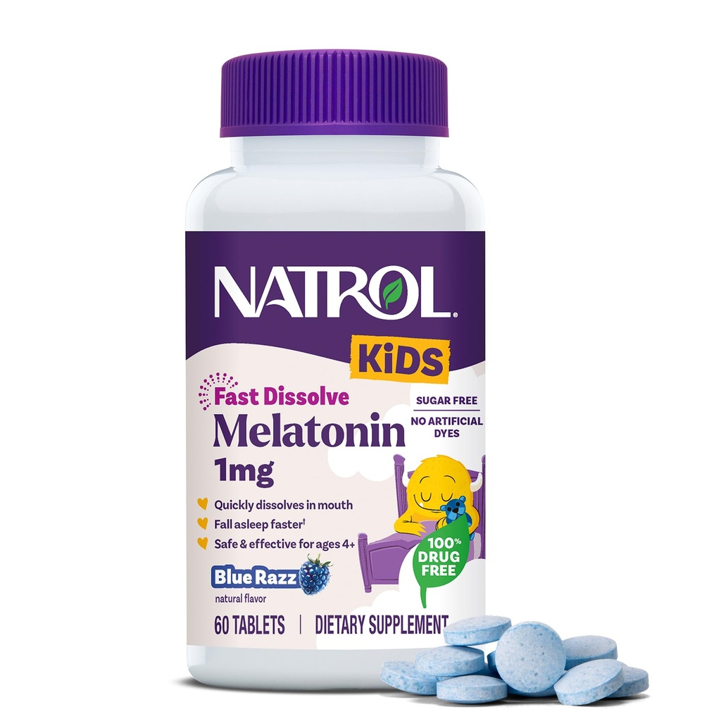 Natrol Barn snabbt lösa Melatonin 1 mg, kosttillskott för återstående sömn, sömntabletter för barn, 60 sockerfri blå-razz-smakade melatonin tabletter, 60 dagars leverans