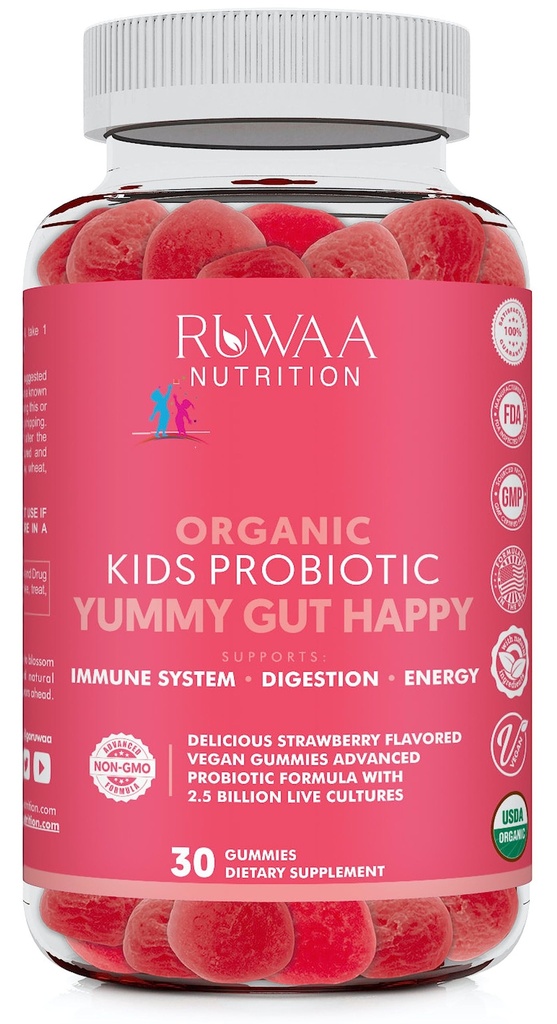 RUWAA NUTRITION Kids Organic Probiotic Gummies för Digestive Health, Immune Support, Förstoppning, Bloating. 2,5 miljarder CFU, Strawberry Flavor, Chewable Probiotics for Children Ages 4+, 30ct (1)