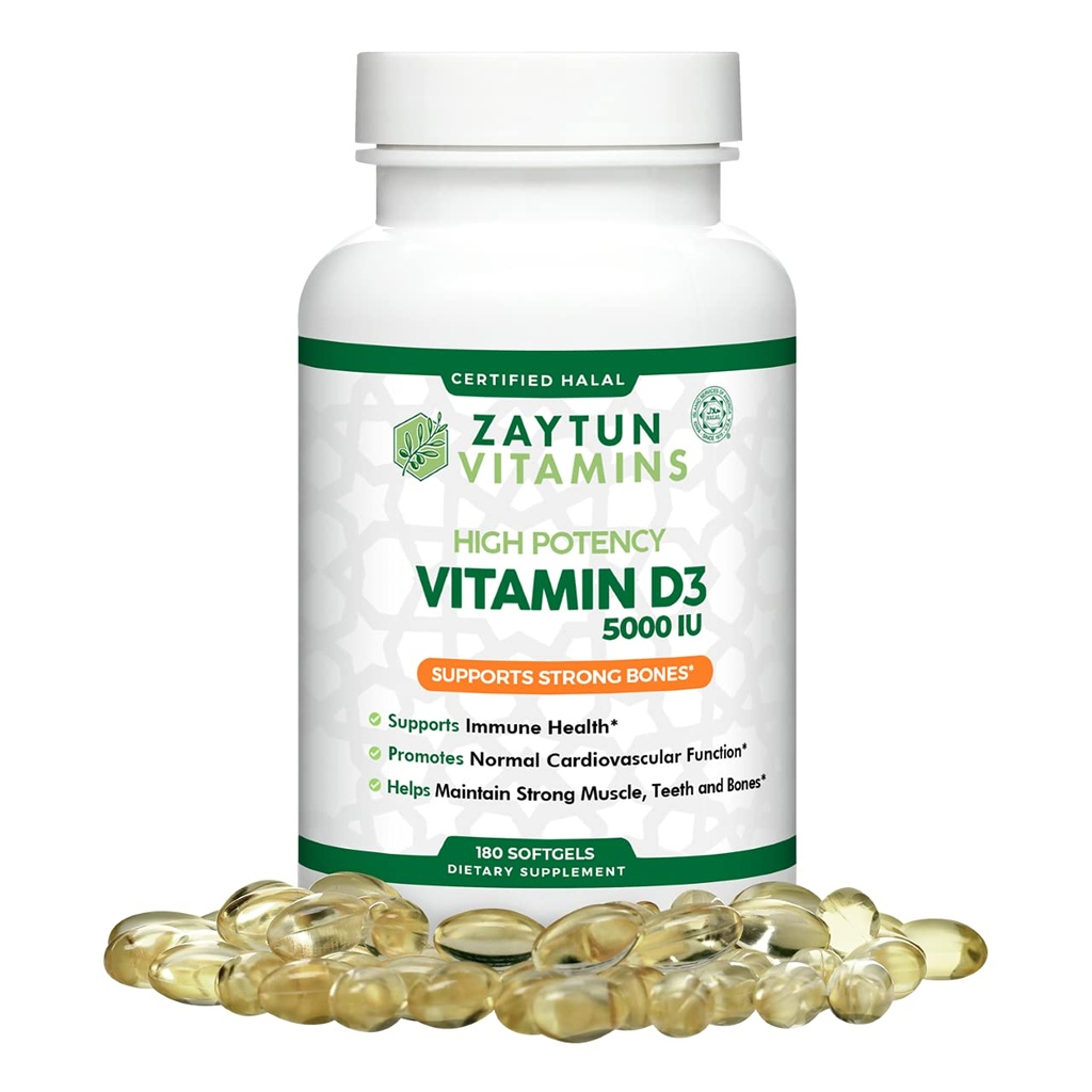 Zaytun Halal D3-vitamiini 5000 IU, 180 Mini Softgels, tukee luita, terveitä lihasfunktioita ja immuuneja, Premium D-vitamiinia safloriöljystä, 6 kuukautta toimitus, ei-muuntogeenisiä organismeja, Gluteeniton, valmistettu Yhdysvalloissa