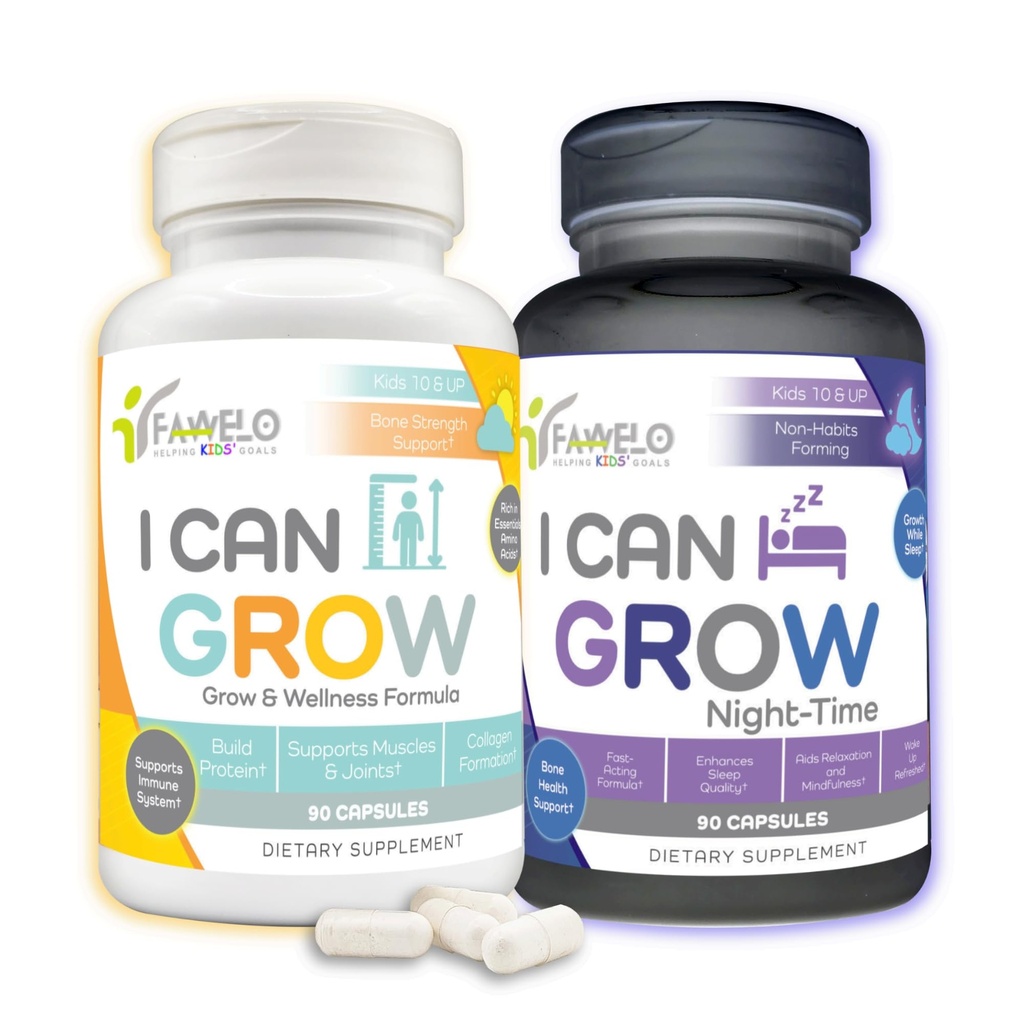 I Can Grow Day & Night Bundle för barn 10 + & Teens | Tillväxtstöd med L-arginin, Colostrum, Magnesium | Nourish Daily + Nighttime Sleep Aid för maximal höjd och utveckling | 2-pack