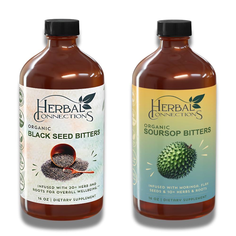 Kasviperäisiä yhteyksiä Organic Soursop & Black Seed Bitters Bundle - Natural Plant-Baseed Ingredients for Gentle Detox & Digestive Health Two Bottles, 32 Ounces (16 Ounces Each), 64 Servings