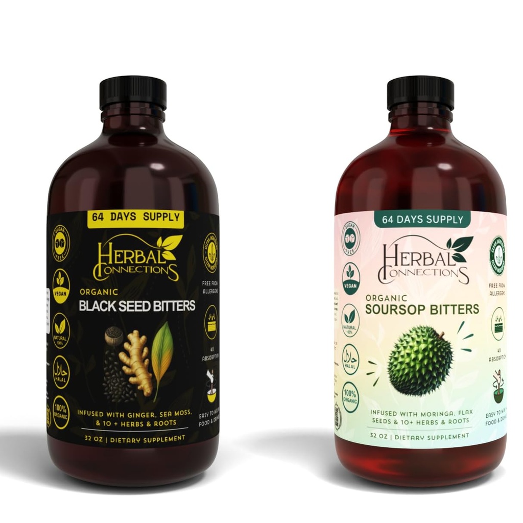 Black Seed & Soursop Bitters Bundle 2 x 32 oz pullot - 64-päivä Supply Vegan Organic Herbal Tonic for Digestive Health & Overall Wellness Ei sokeria, valmistettu Yhdysvalloissa.