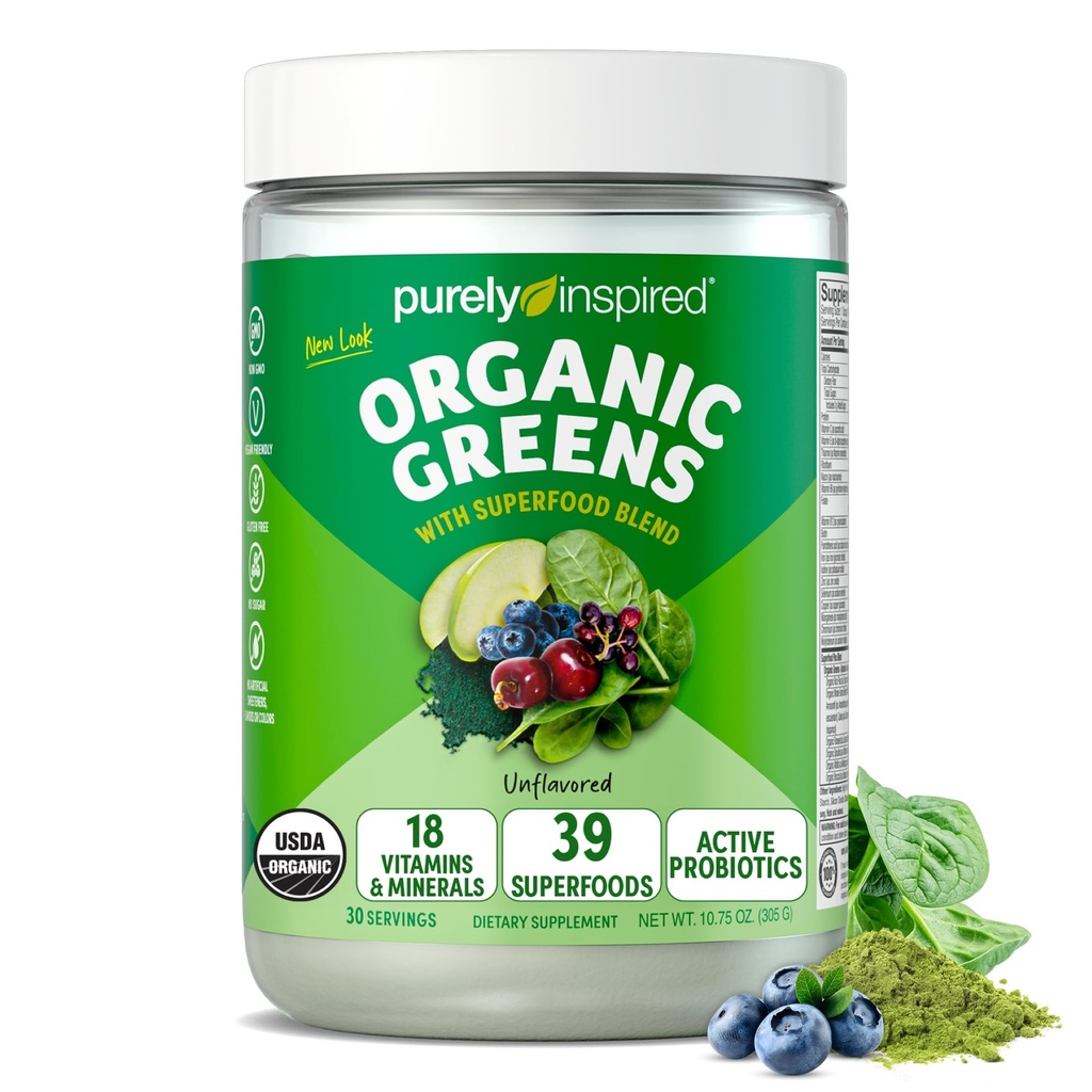 Puhtaasti inspiroitu Organic Greens Powder Superfood Smoothie Mix, makuamaton (30 tarjoilua) - Super Greens with Probiootit, Spirulina & Chlorella for Gut & Dgestive Health - Vegan
