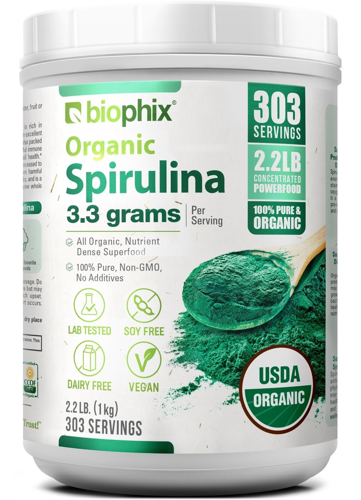 Biophix Organic Spirulina Powder, 2,2 Lbs 100% Pure Spirulina Blue Green Algae Powder, Vegan, Non GMO, ei-säteilyä, USDA Certified, Paras proteiini Superfood