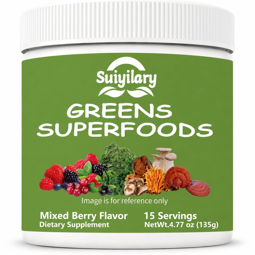 Suiyilary Greens Superfoods Powder för Digestive Health, Sugar Free Super Greens Powder, Spirulina, Chlorella för Bloating & Gut Support, Dagligt stöd för kvinnor, Mixd Berry (15 portioner)