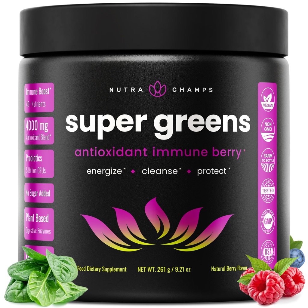 NutraChamps Super Greens Powder Premium Superfood | 20 + Organic Green Veggie Whole Foods | Wheat Grass, Spirulina, Chlorella | Antioxidant, Digestive Enzyme & Probiotic Blends (9.1 OZ, Antioxidant)
