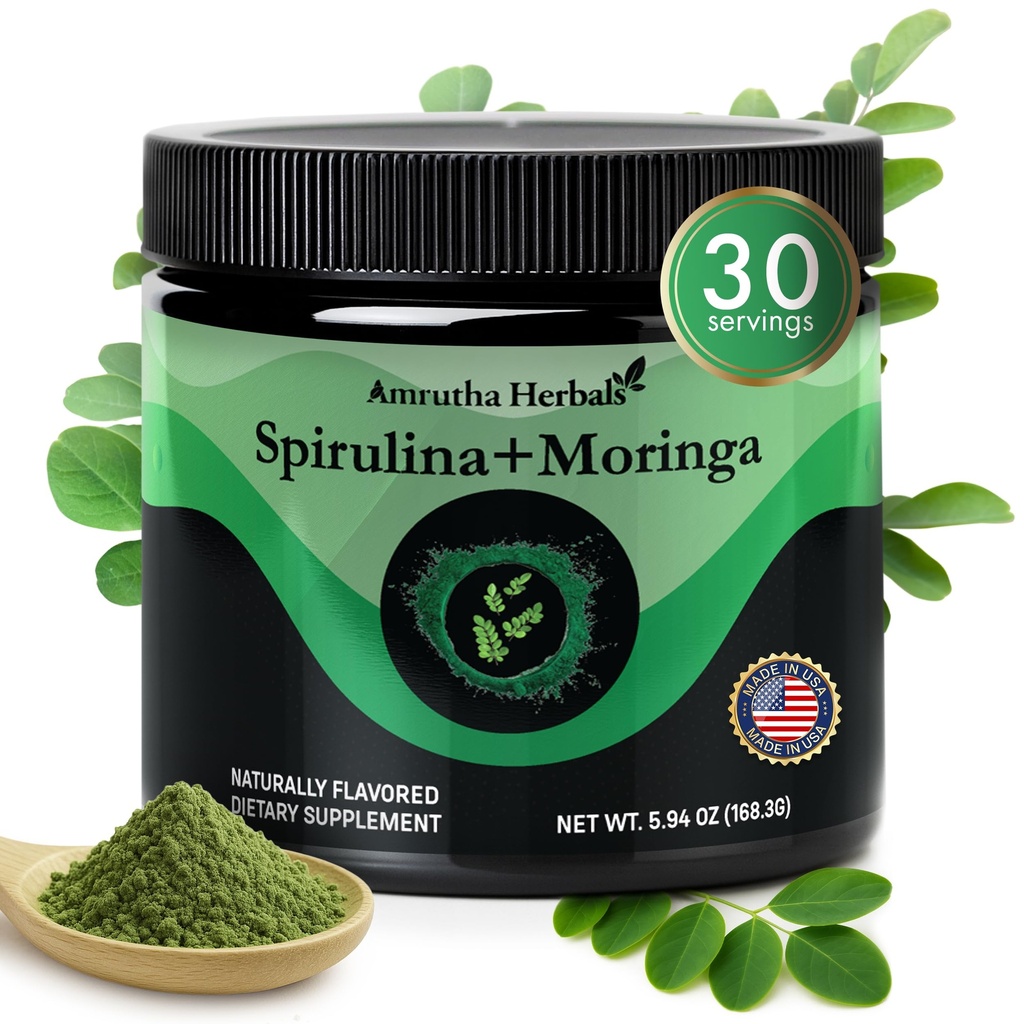 Luomu Spirulina + Luomu Moringa Greens Powder, Gluteeniton, Vegaaniystävällinen, Detox & Digest, Superfoods 30 Tarjoilut Valmistettu Yhdysvalloissa