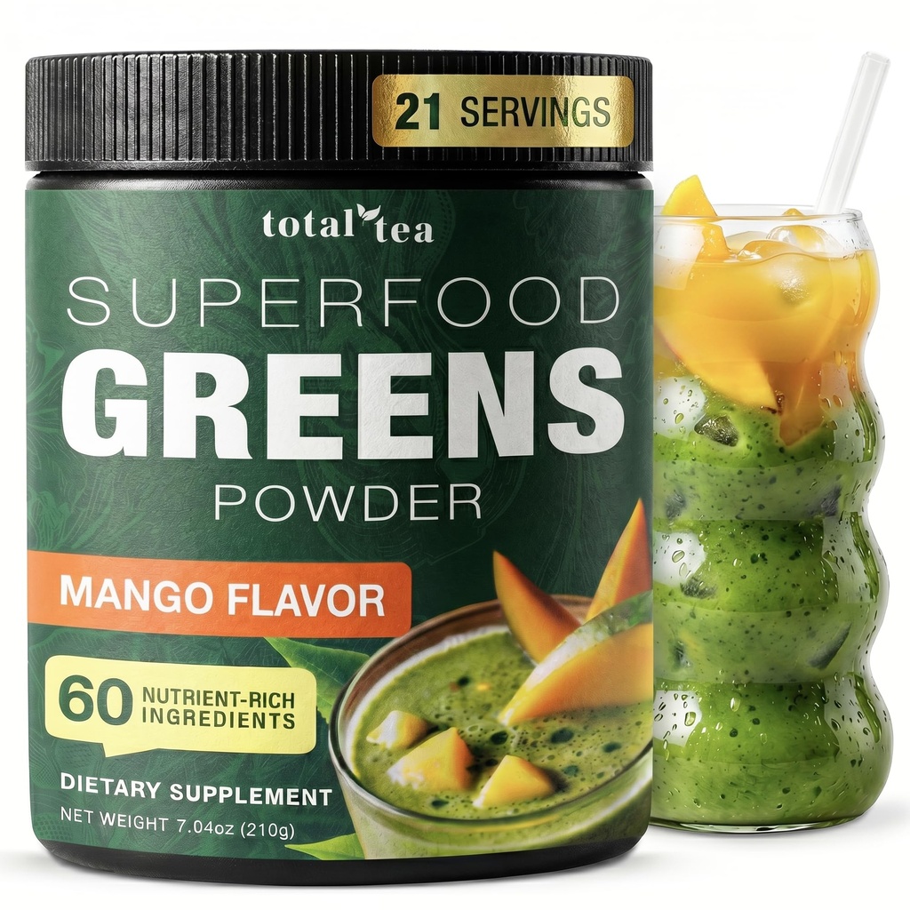 Total Tea Super Greens Powder Supplement, Greens, Fruits, Vegetables, Vegan Drink med Spirulina, Chlorella och Vitamins 25 portioner - Mango