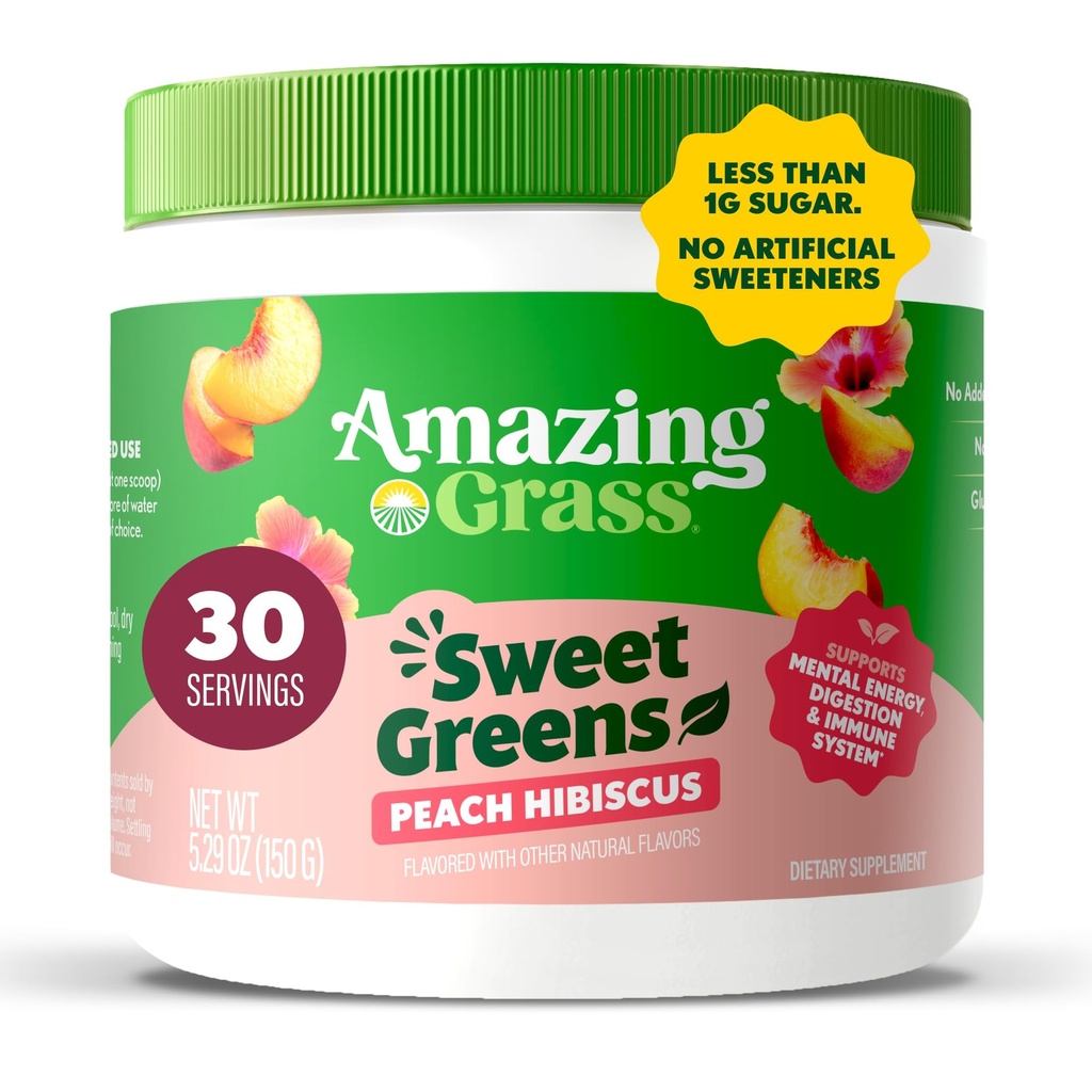 Fantastisk Grass Sweet Greens och Superfoods Powder för Digestive Health, Greens Powder, Digestive Enzymes, Probiotika, Spirulina, Chlorella, Peach Hibiscus, 30 Servings