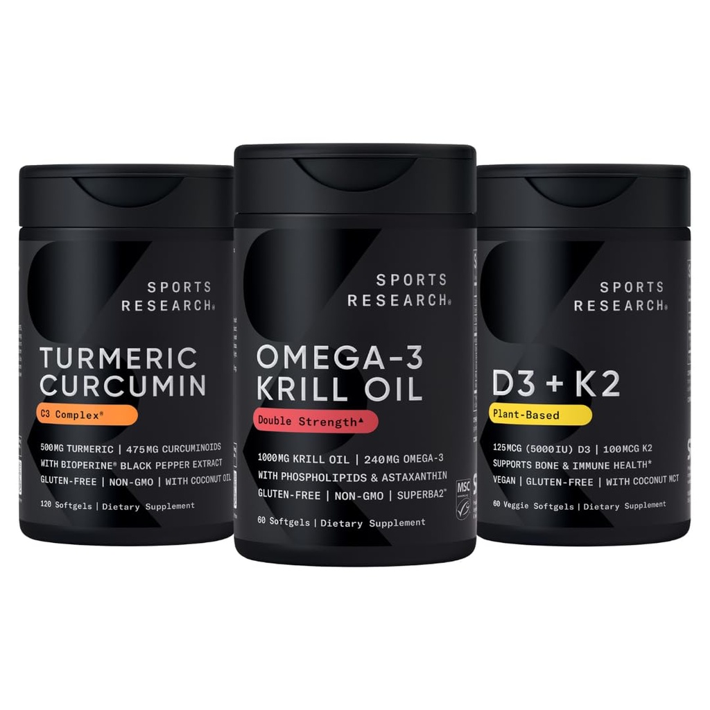 Sportforskning Antarctic Krill Oil Omega 3 1000mg (med Phospholipids, Choline & Astaxanthin), Turmeric Curcumin C3 Complex (med Bioperine Black Pepper & Coconut Oil) & Plant Based Vitamin D3 + K2