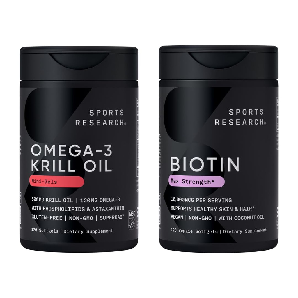 Sports Research® Glow and Flow Pack - Omega-3 Krill Oil 500mg - Pure Antarktis Superba Krill, jossa on fosfolipideja, koliinia ja astaksantiinia ja biotiinia 10 000 mcg ja luomukookosöljyä (Vitamin B7)