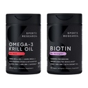 Sports Research® Glow and Flow Pack - Omega-3 Krill Oil 500mg - Pure Antarktis Superba Krill, jossa on fosfolipideja, koliinia ja astaksantiinia ja biotiinia 10 000 mcg ja luomukookosöljyä (Vitamin B7)