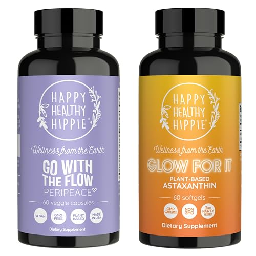 Hyvää tervettä Hippi hehkua se Astaksantiini täydentää & Siirry Flow Perimenopaussi täydentää naisten