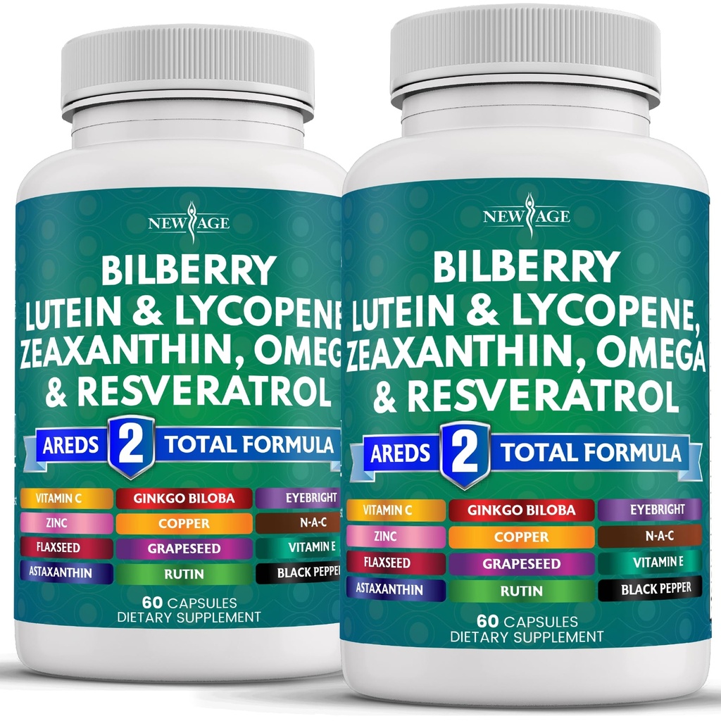 NEW AGE Eye Health Vitaminer med Bilberry 300mg Lutein & Zeaxanthin 40mg Lycopene 40mg Resveratrol 100mg Grape Seed Extract 200mg Astaxanthin - Eye Vitamin -120 Count