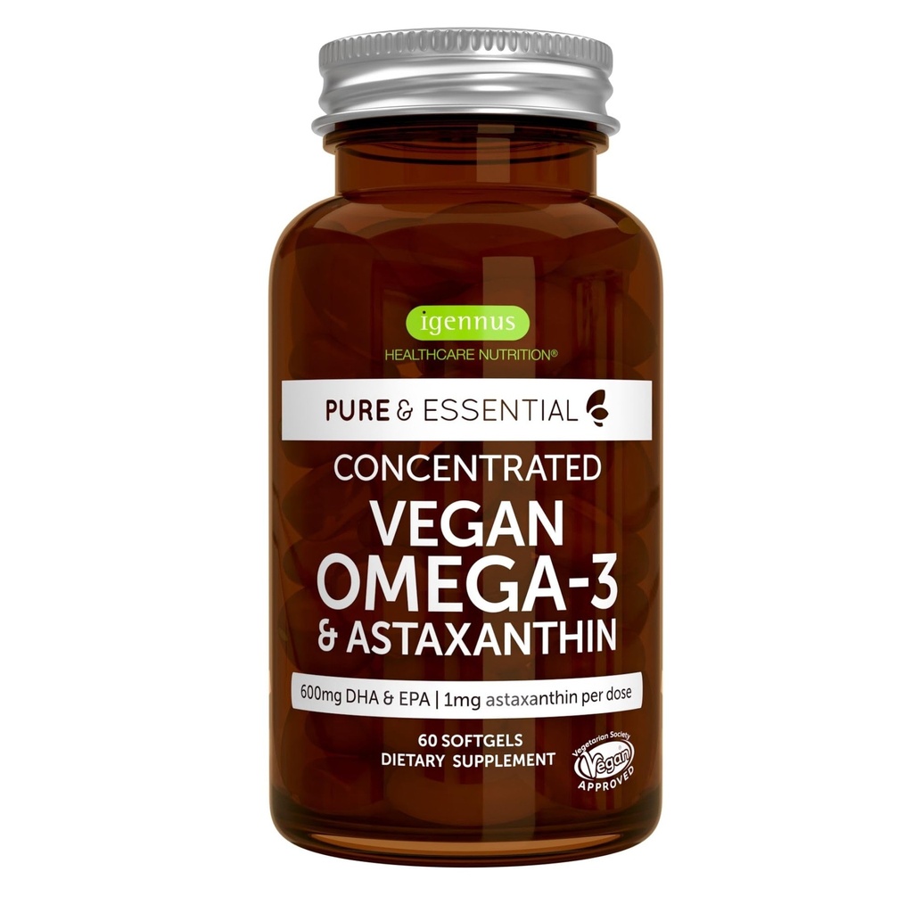 Igennus Vegan Omega-3 Natural Algae Oil, DHA & EPA, Certified Pure, Kasvipohjainen rasvahappolisä, Astaksantiiniantioksidantti, 60 pientä softgelia, 2 per päivä, 30 tarjoilua