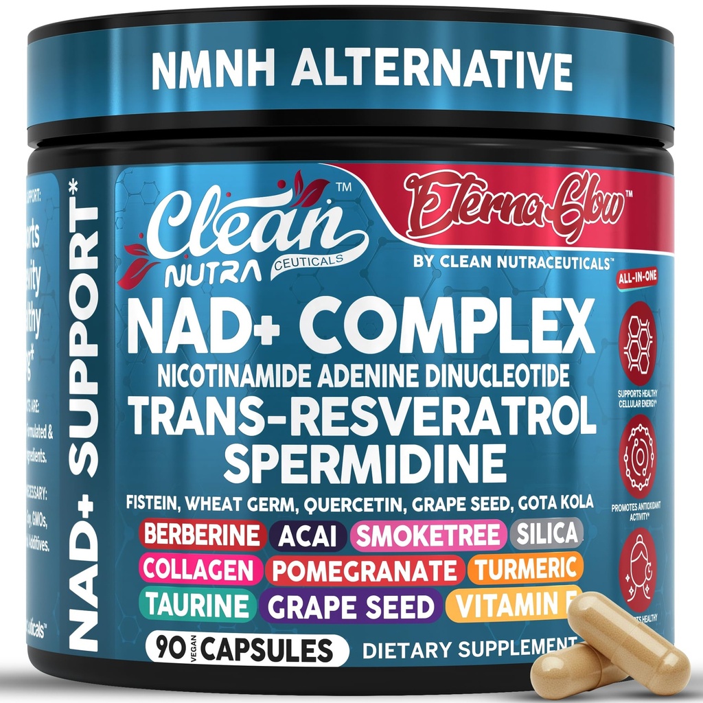 NAD Resveratrol Supplement Spermidine Fisetin Quercetin Grape Seed Gotu Kola Berberine Astaxanthin Taurine Pomegranate Acai Anti Aging Longevity Capsules för kvinnor Män EternaGlow av Clean Nutra 90ct
