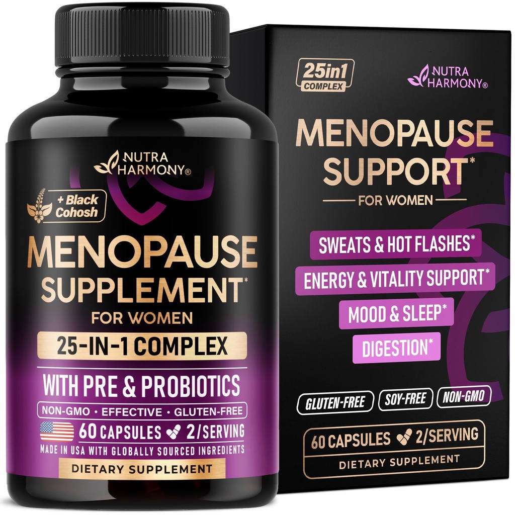 Vaihdevuodet lisäravinteet naisille - Dong Quai, Black Cohosh, Pre & Probiootit - Hiki & Hot Flass Relief - Ruuansulatus, uni & Mood Support - 25-in-1 Perimenopaussi Complex - Valmistettu Yhdysvalloissa - 60 kapselia