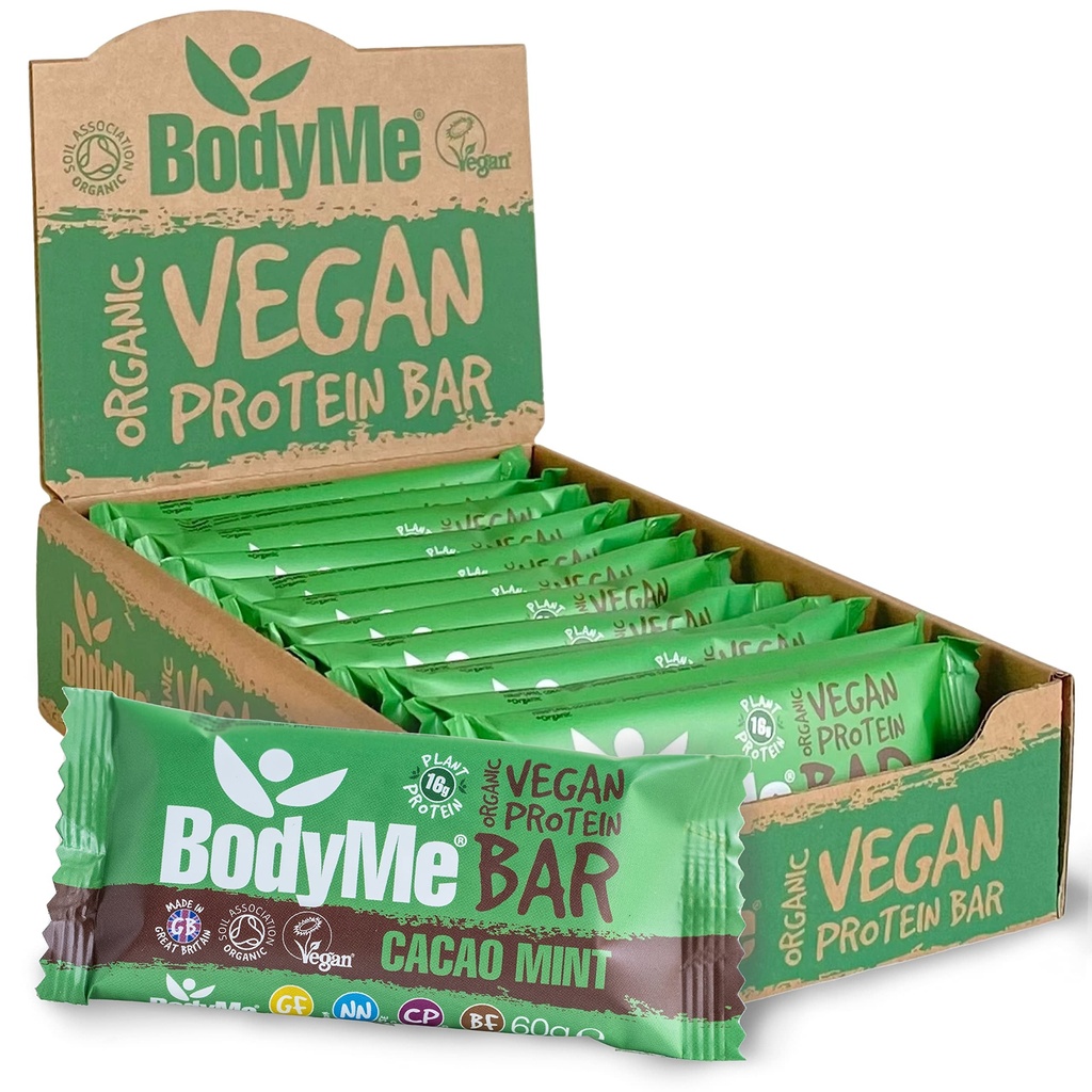 BodyMe Organic Vegan Protein Bar | Raw Cacao Mint | Box av 12 x 2.12oz (60g) | med 3 växtproteiner