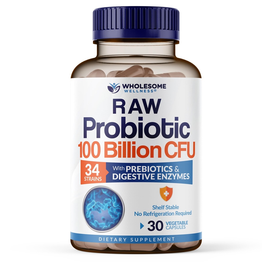 Wholesome Wellness Organic Raw Probiotics 100 Billion CFU, Dr Formulerad för kvinnor och män, komplett vuxensupplement med prebiotika och Digestive Enzymes; 30 kapslar, Shelf Stable