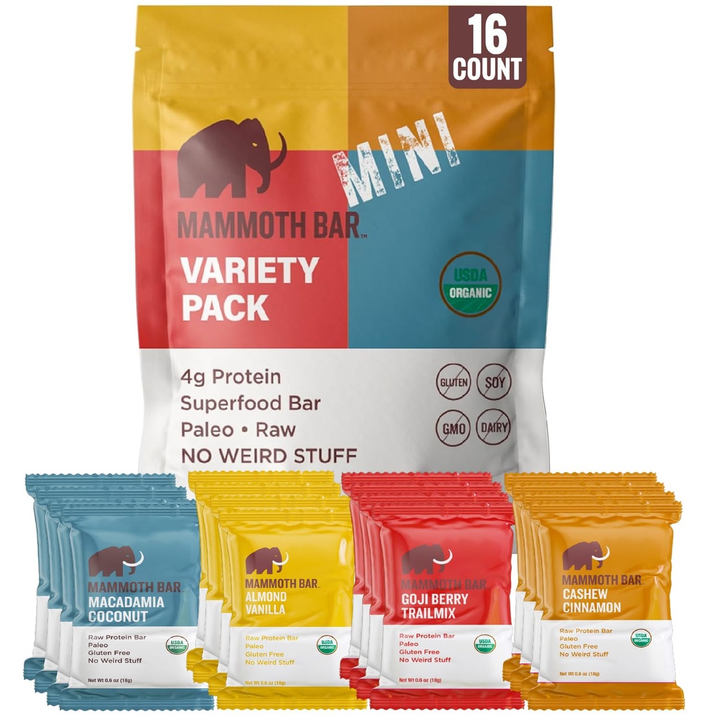Mammoth Bar Mini - Variety Pack of our Mini Organic Protein Bars . Made with Premium Nuts & Egg White Protein • Organic • Paleo • Gluteeniton • GMO vapaa • Raaka - 16 Mini Bars
